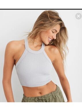 aerie Ribbed High-Neck Crop Tank in Heather Gray